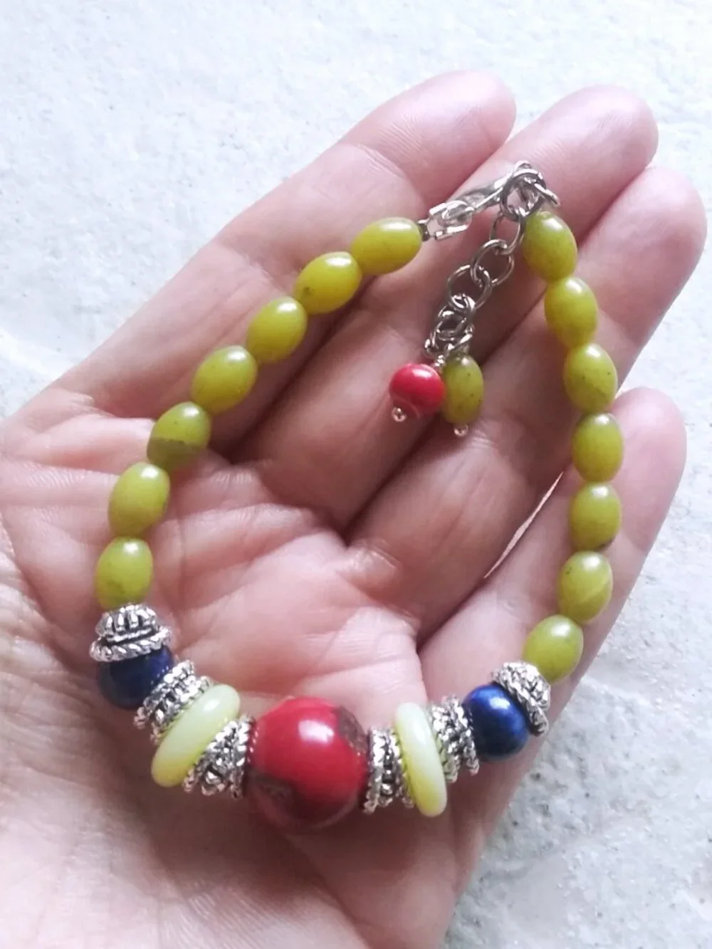 Handmade Eclectic Boho Bracelet - Semi-Precious Beads - Red Grape Green & Blue